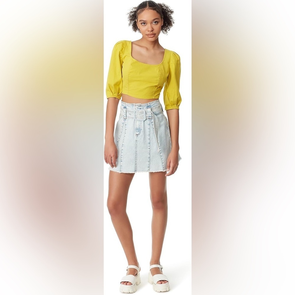 Circus NY Smock Back Puff Sleeve Crop Top Neon Green Women Size S